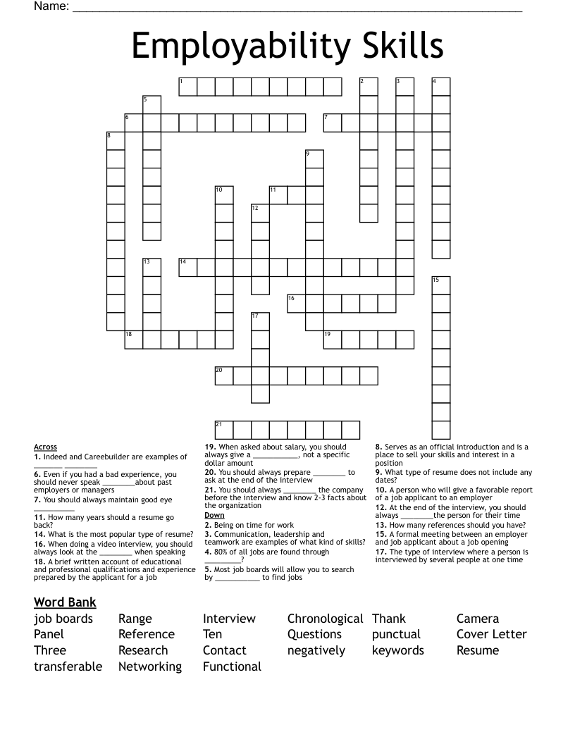 Employability Skills Crossword WordMint