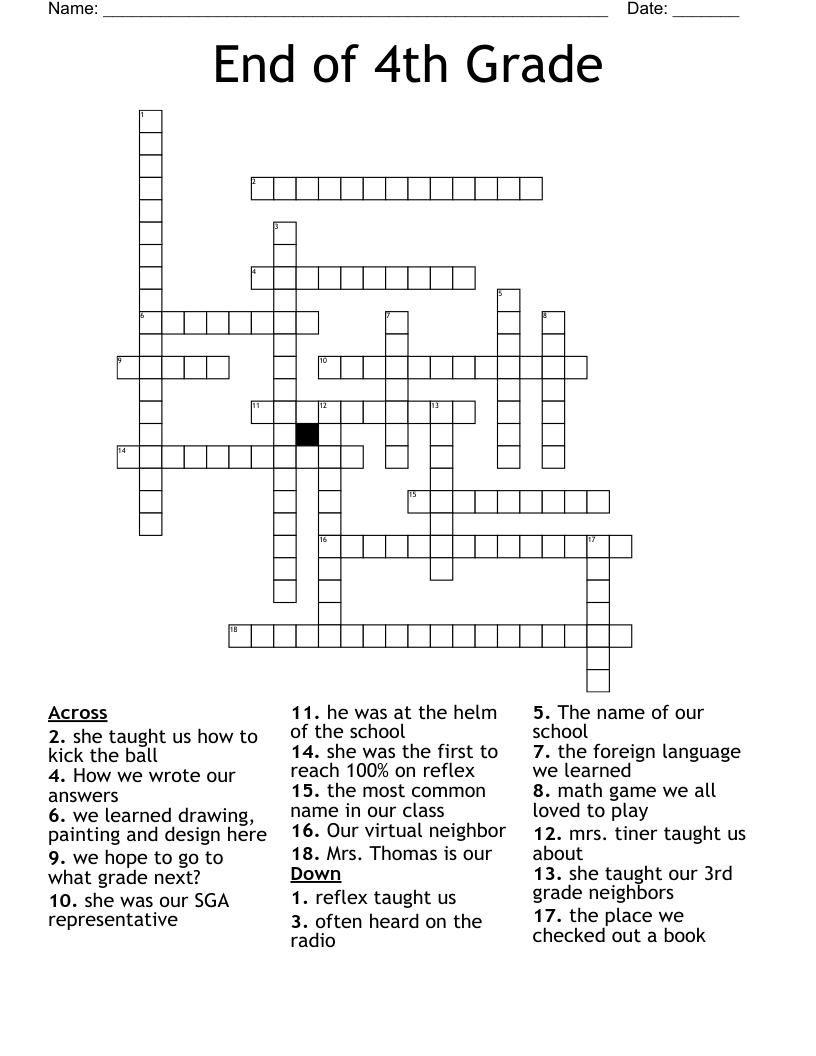 End of 4th Grade Crossword WordMint
