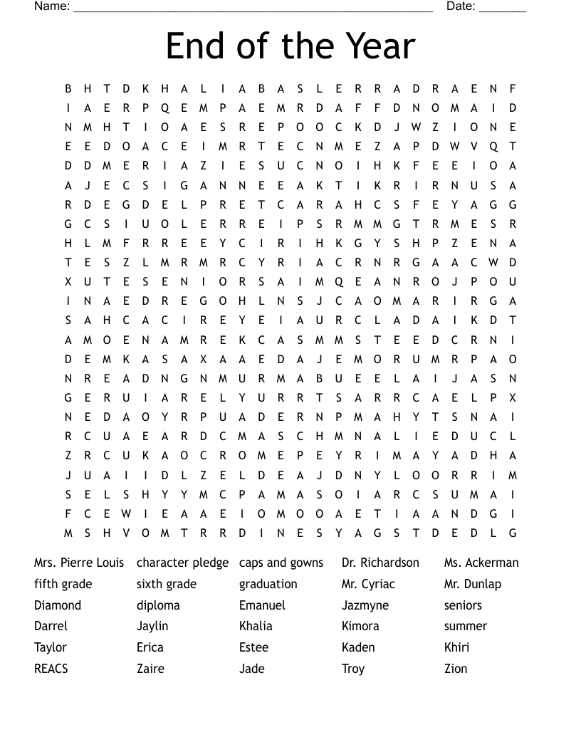 End of the Year Word Search WordMint