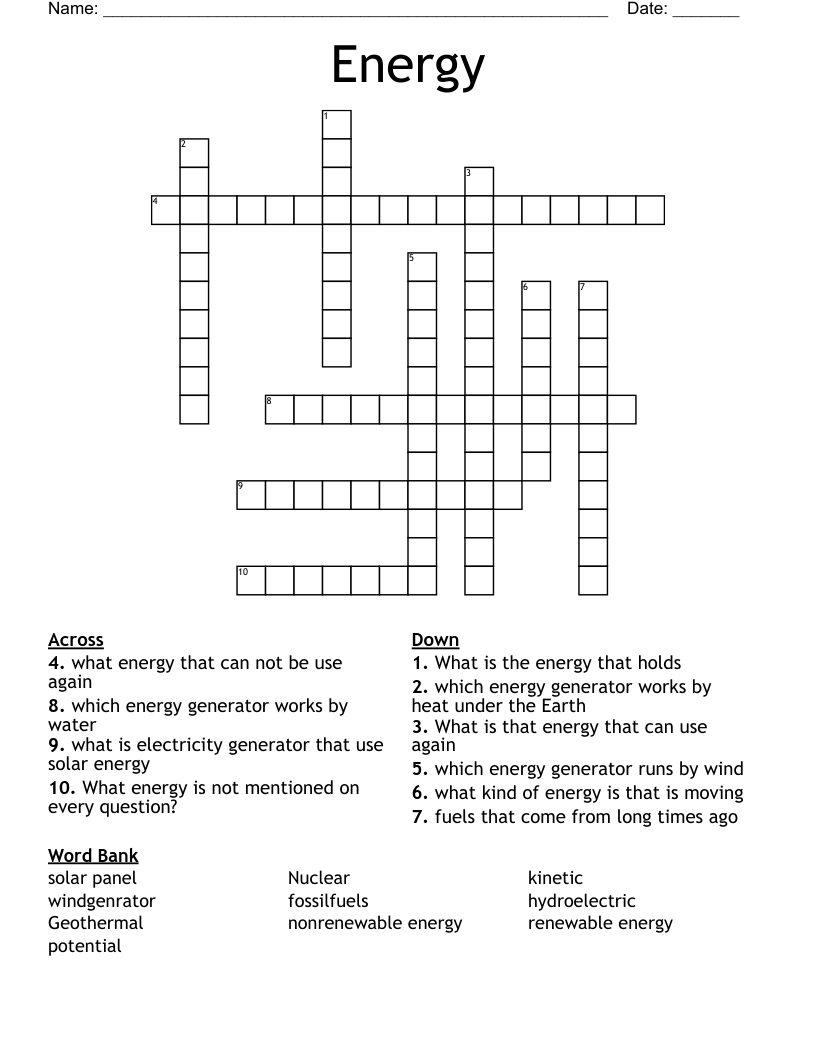 Energy Crossword WordMint