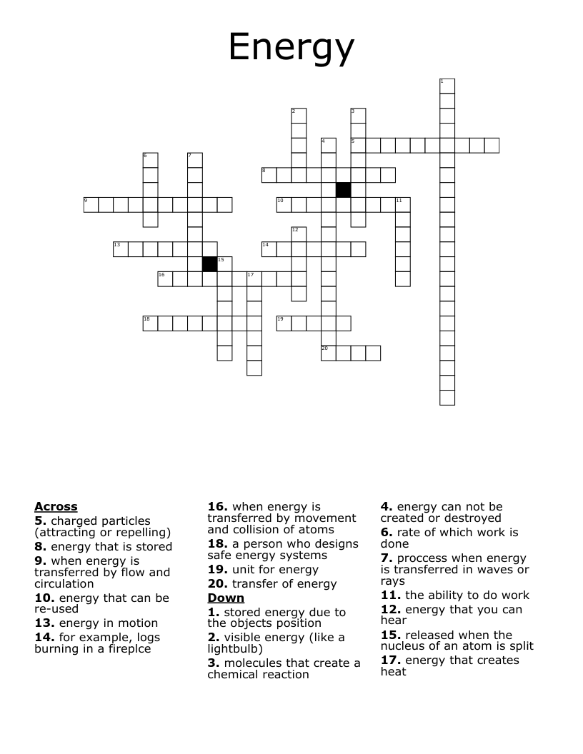 Energy Stores Crossword WordMint
