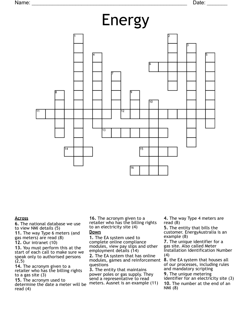 Energy Crossword WordMint