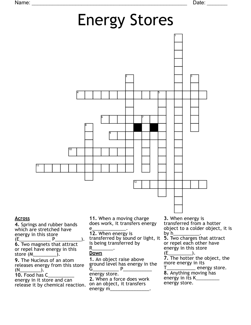Energy Stores Crossword WordMint