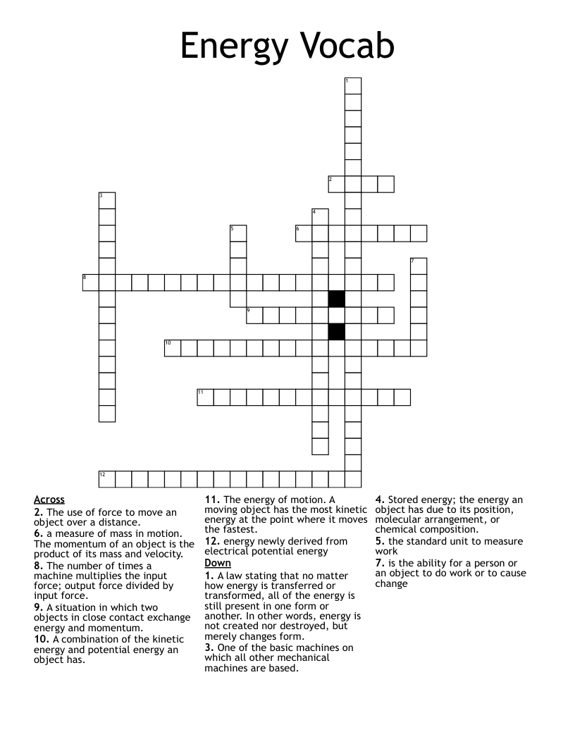 Energy Vocab Crossword WordMint