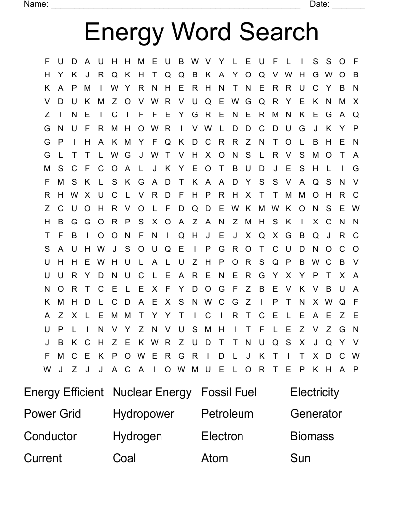 Energy Word Search WordMint