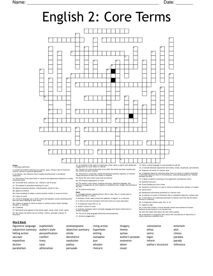 English 2 Core Terms Crossword WordMint