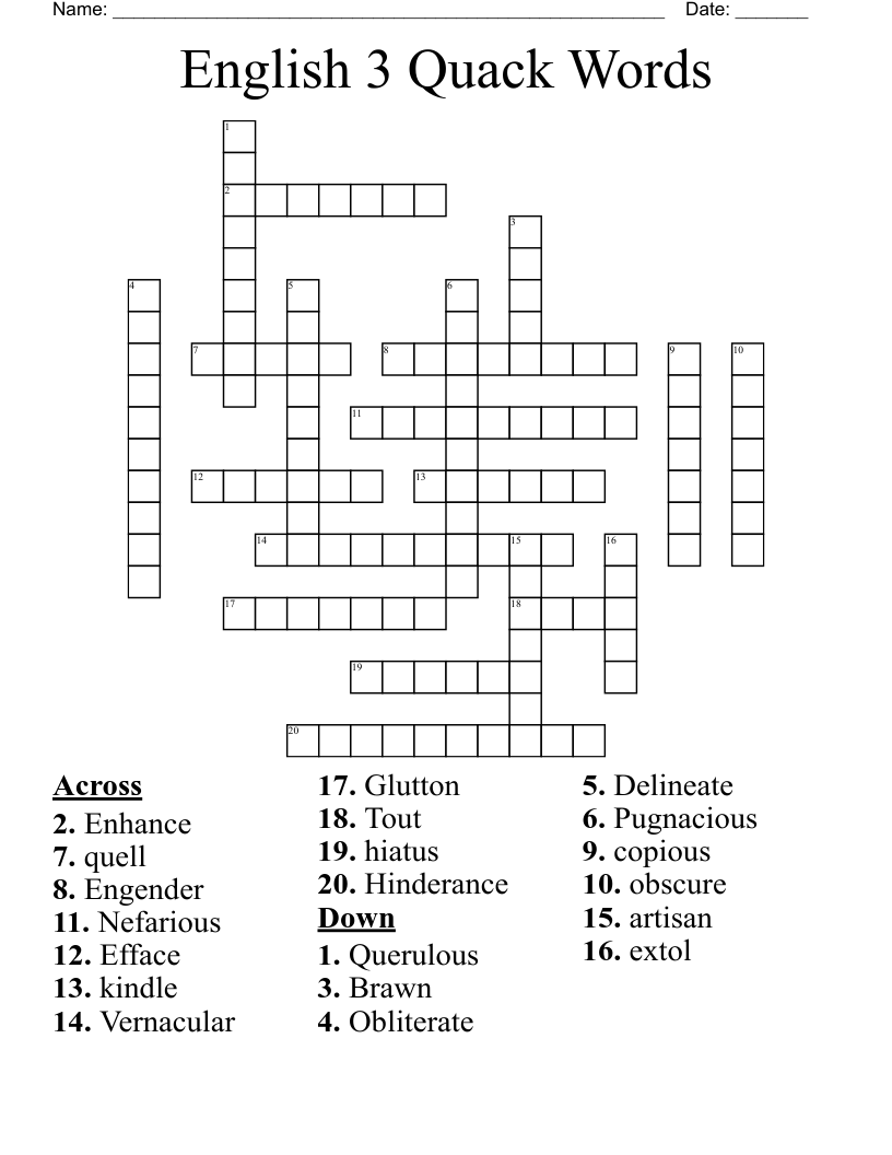 English 3 Quack Words Crossword WordMint
