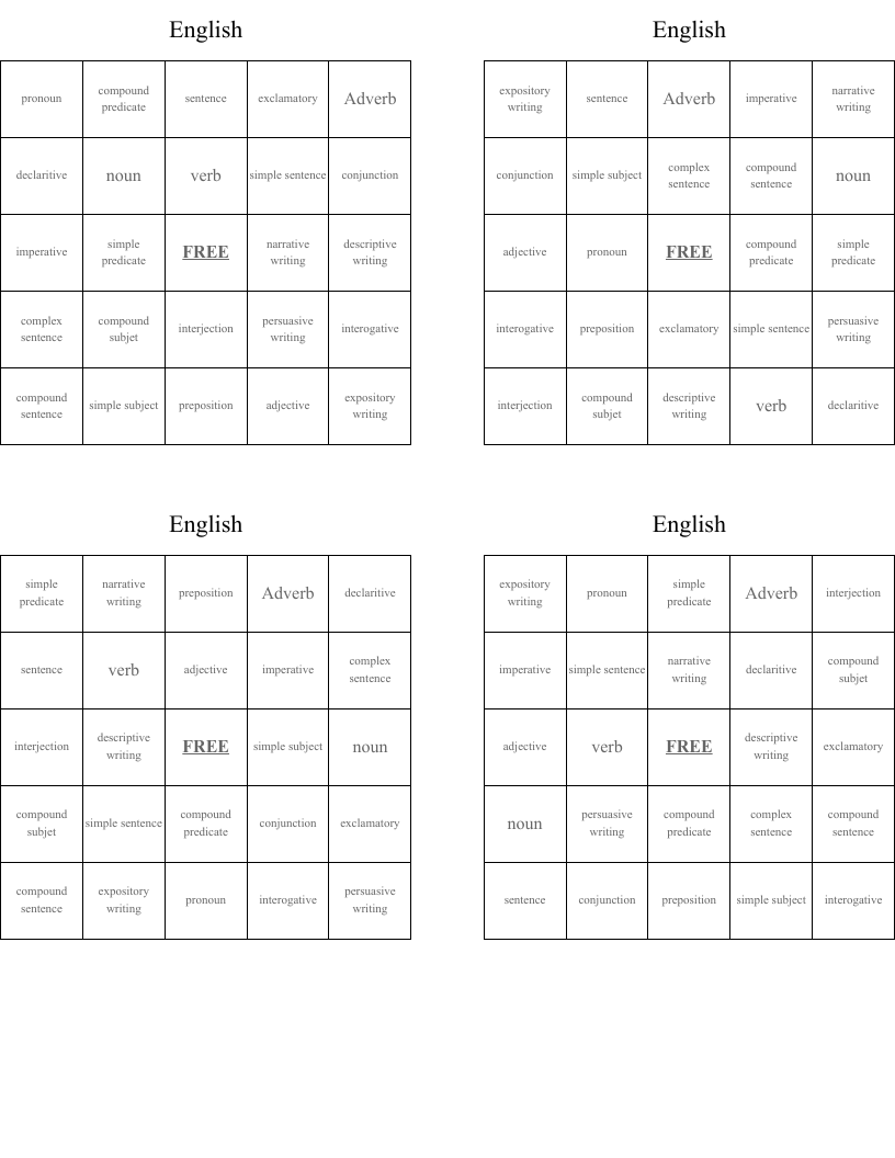 English Bingo Cards WordMint