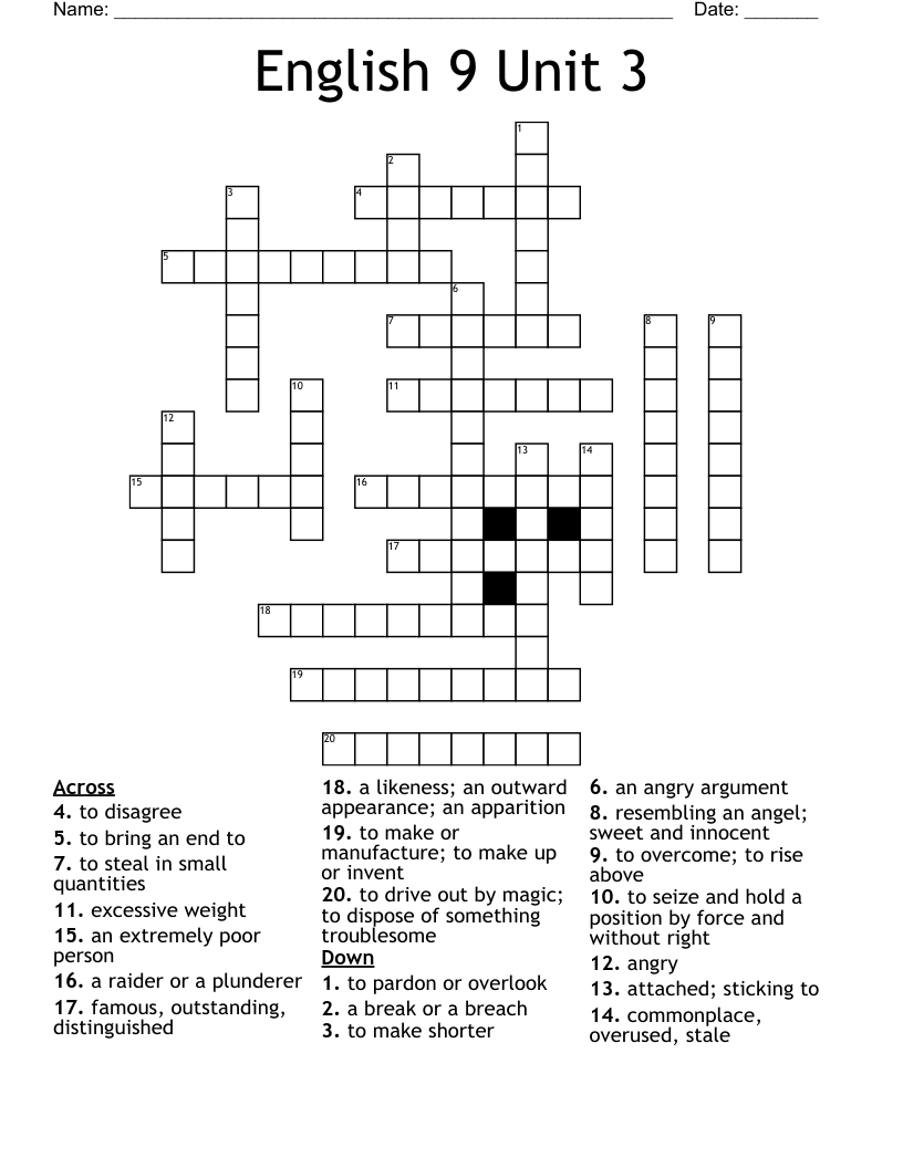English 9 Unit 3 Crossword WordMint