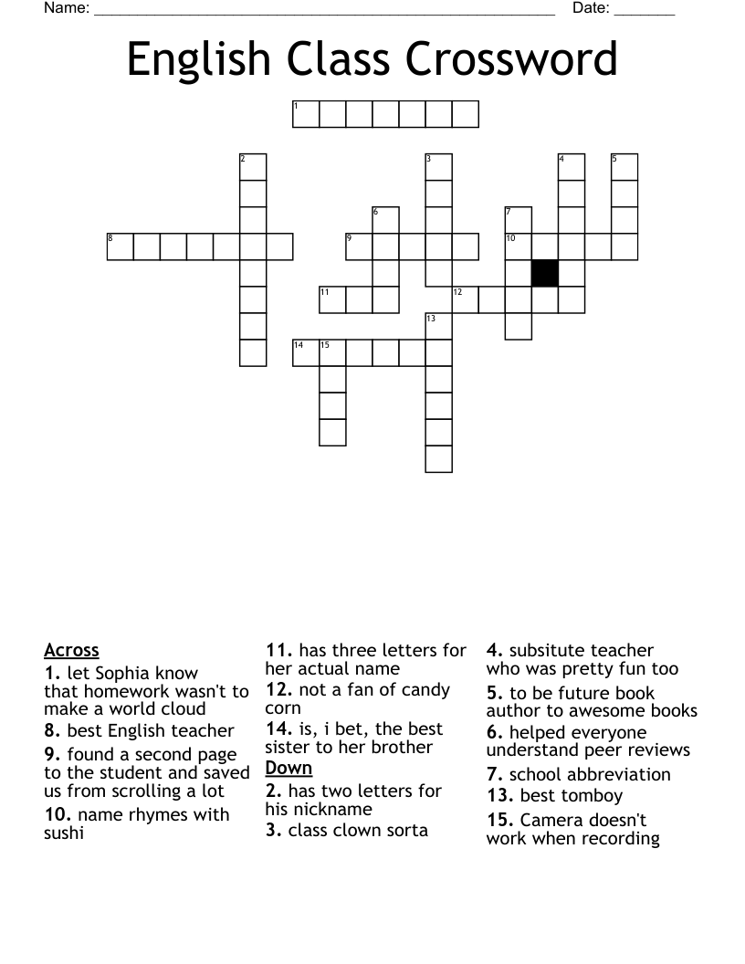 English Class Crossword WordMint