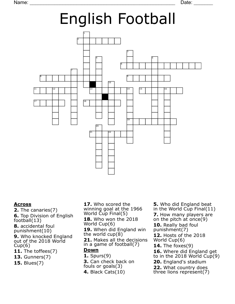 English Football Crossword WordMint