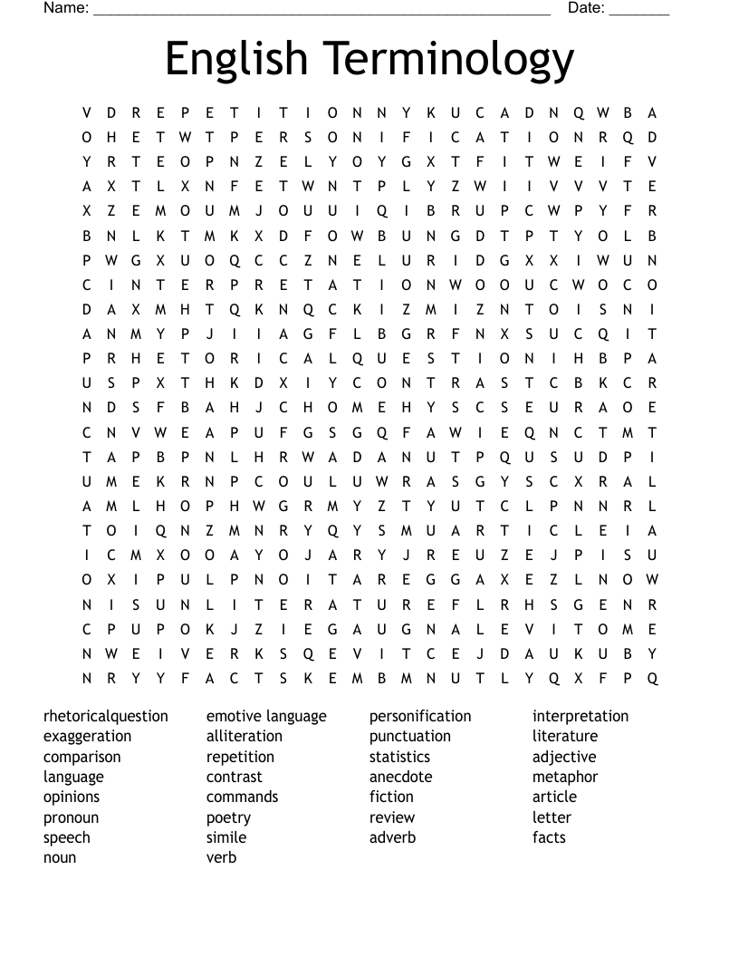 English Terminology Word Search WordMint