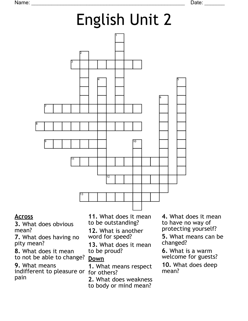 English Unit 2 Crossword WordMint