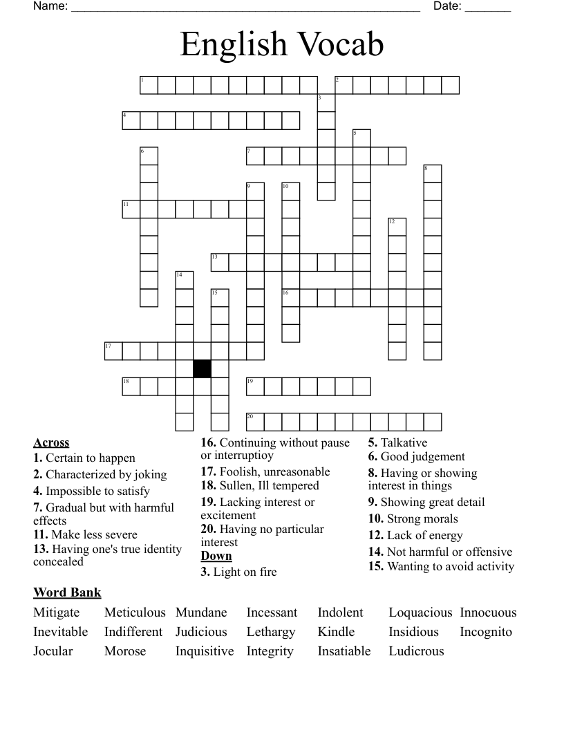 English Vocab Crossword WordMint