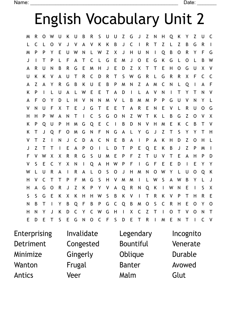 English Vocabulary Unit 2 Word Search WordMint