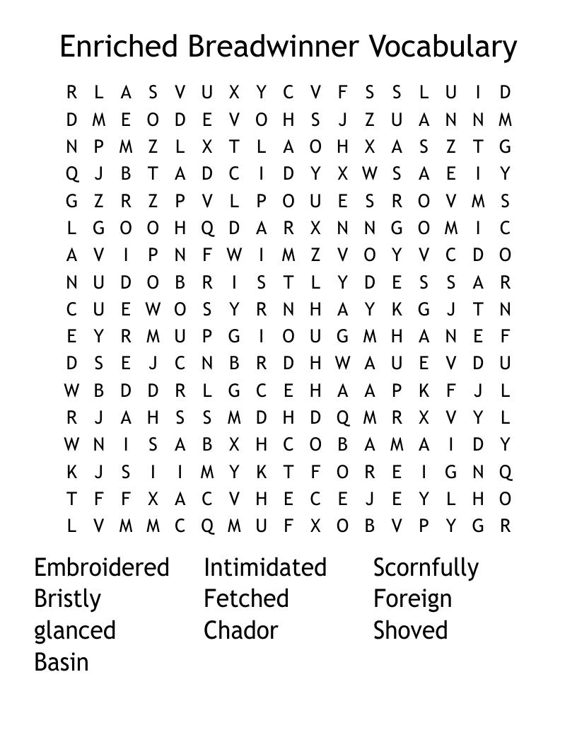 Enriched Breadwinner Vocabulary Word Search WordMint