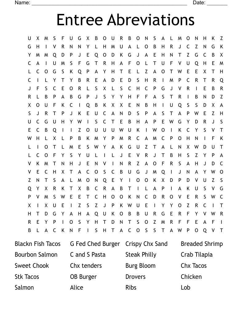 Entree Abreviations Word Search WordMint