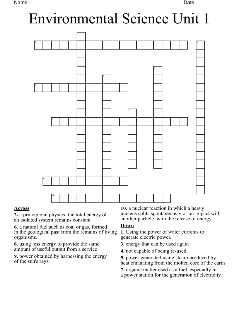 Environmental Science Unit 1 Crossword WordMint