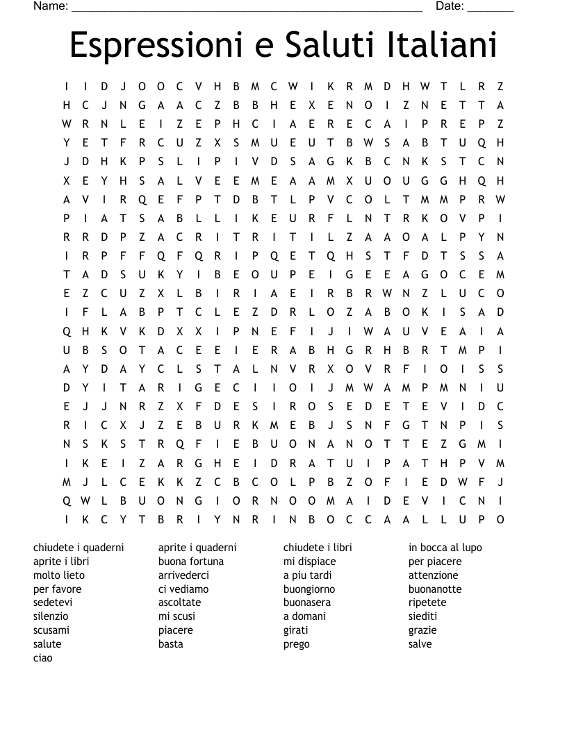 Espressioni e Saluti Italiani Word Search WordMint