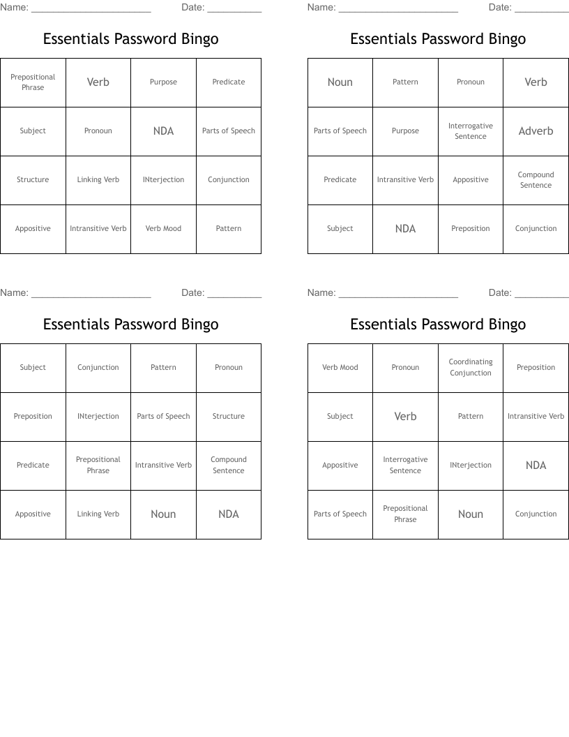 Essentials Password Bingo WordMint