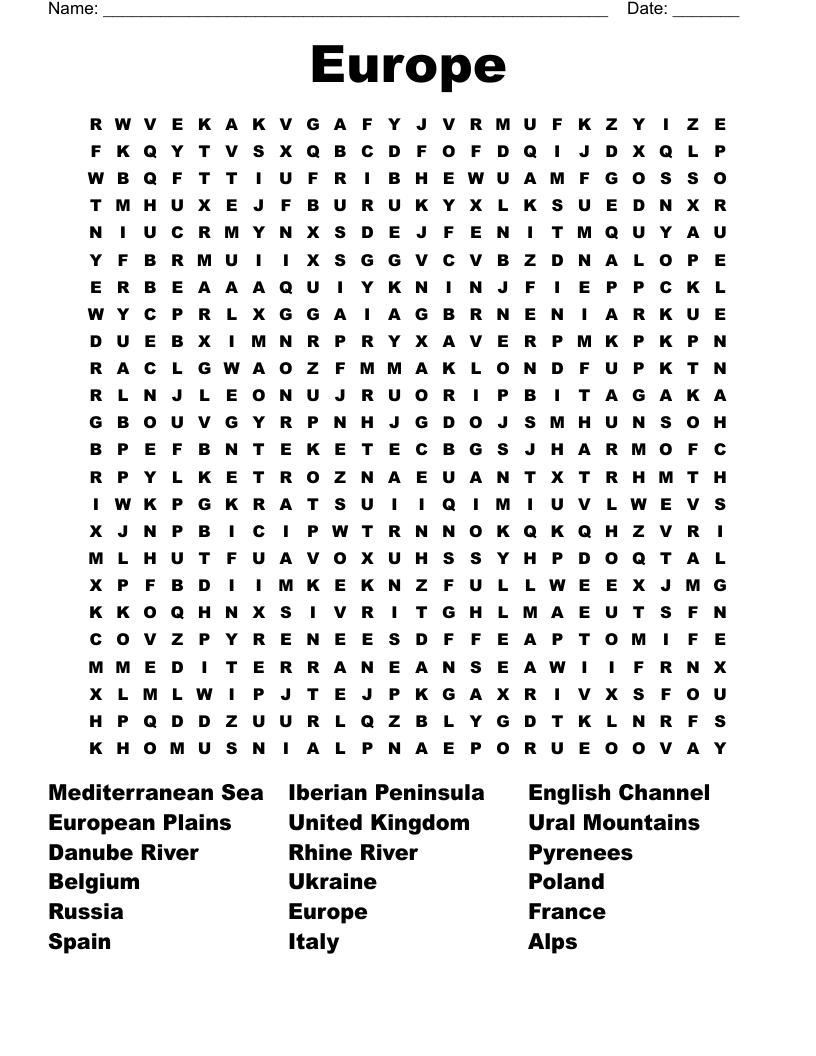 Europe Word Search WordMint