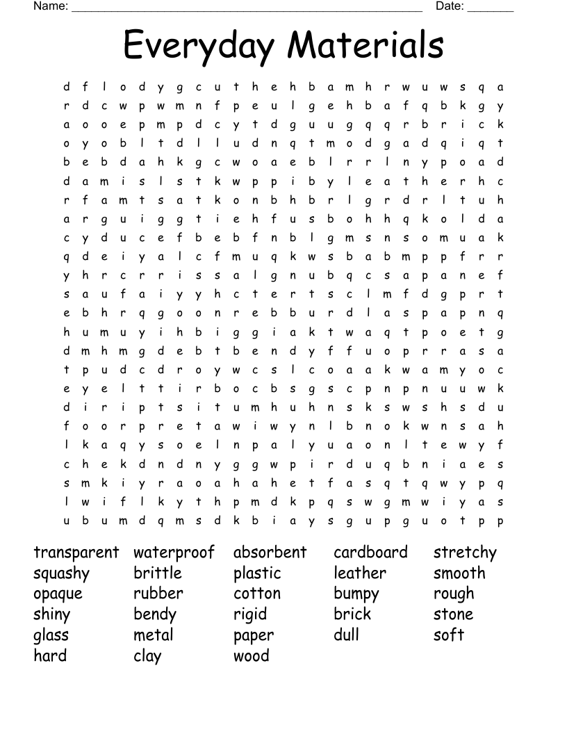 Everyday Materials Word Search WordMint