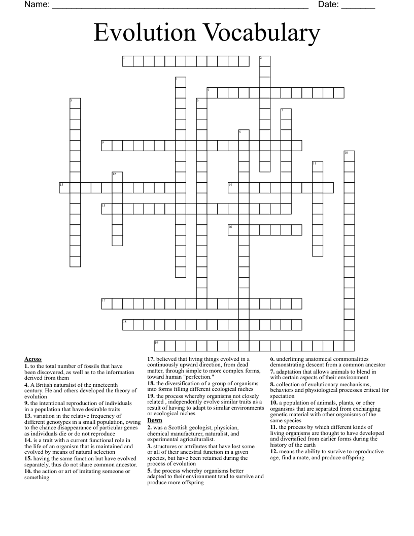 Evolution Vocabulary Crossword WordMint