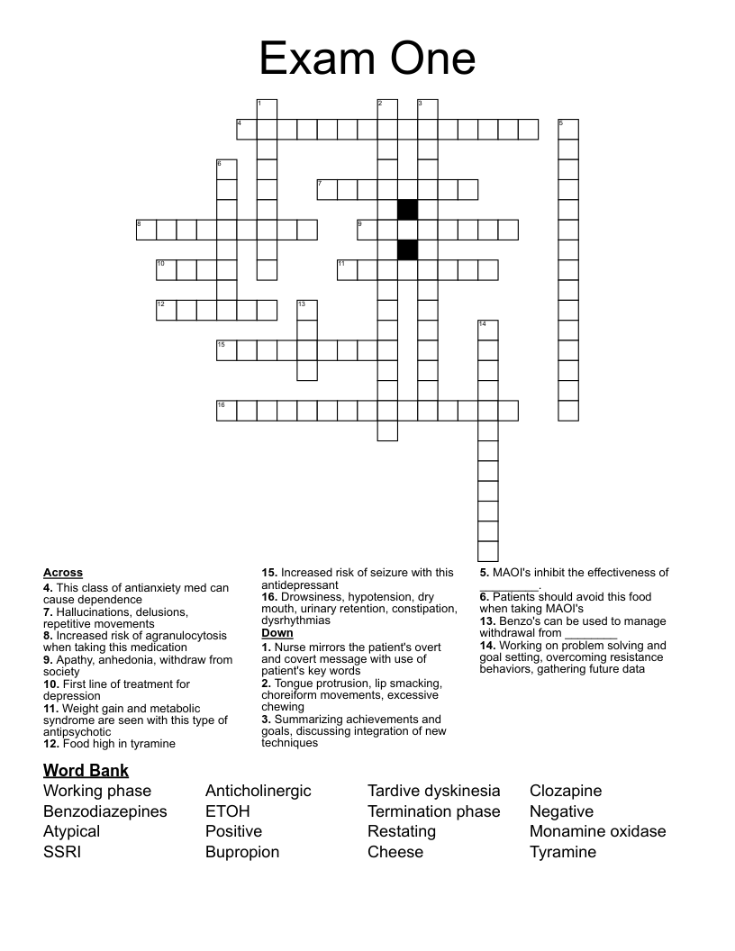 Exam One Crossword WordMint
