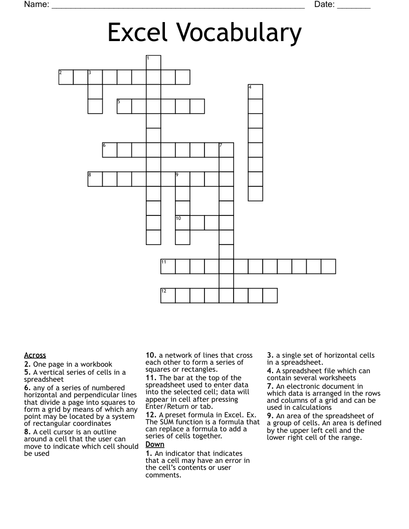 Excel Vocabulary Crossword - WordMint