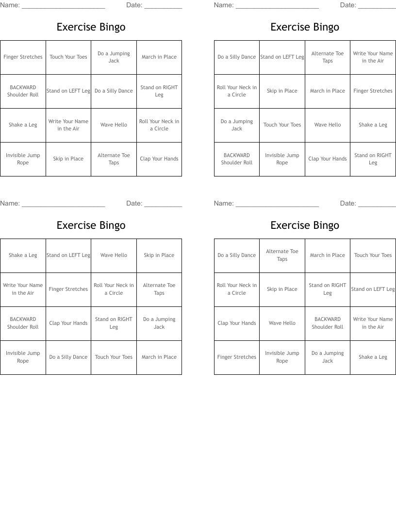 Exercise Bingo WordMint