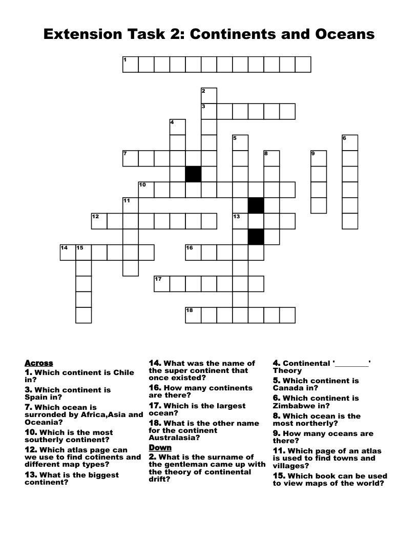 Extension Task 2 Continents and Oceans Crossword WordMint