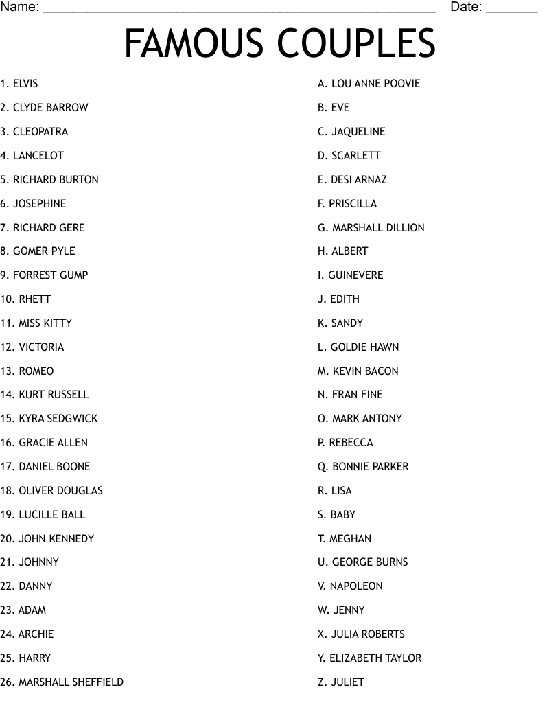 FAMOUS COUPLES Worksheet WordMint