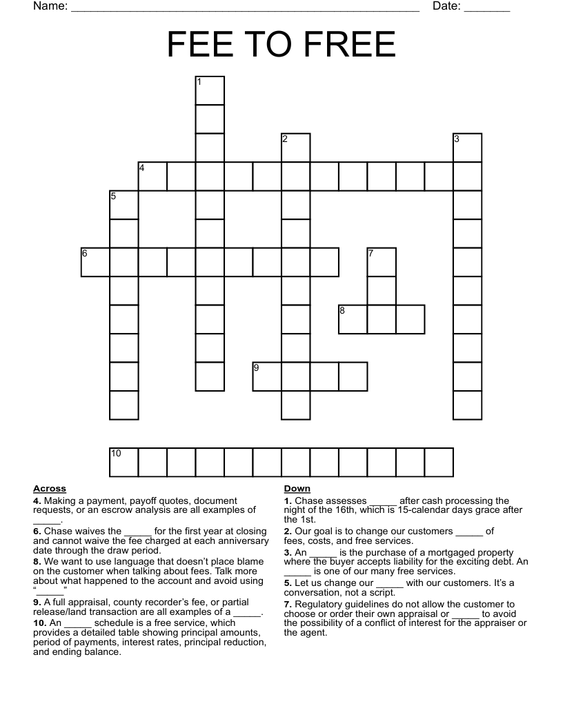 FEE TO FREE Crossword WordMint