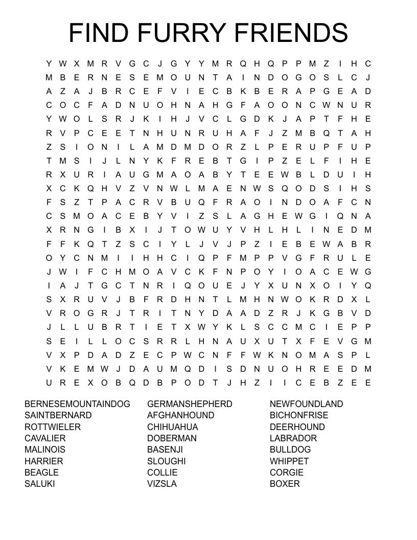 FIND FURRY FRIENDS Word Search WordMint