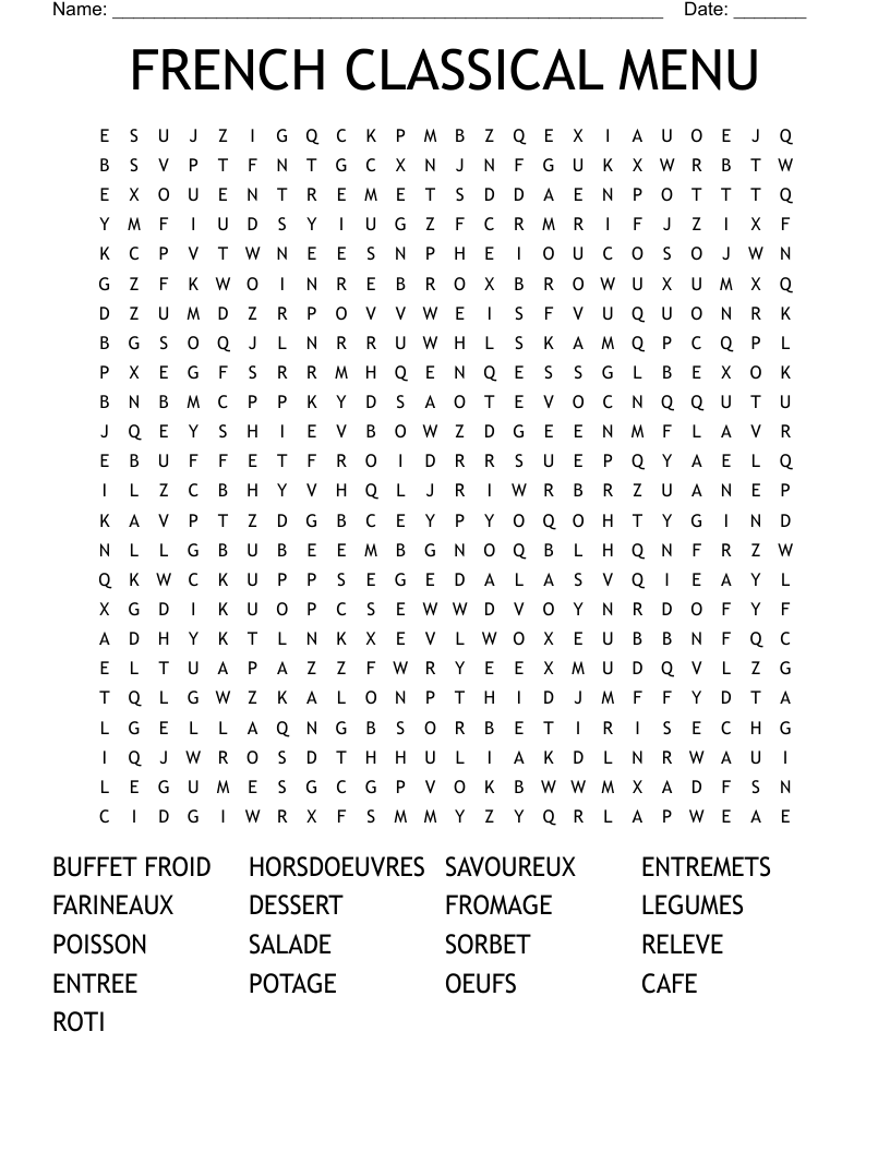 FRENCH CLASSICAL MENU Word Search WordMint