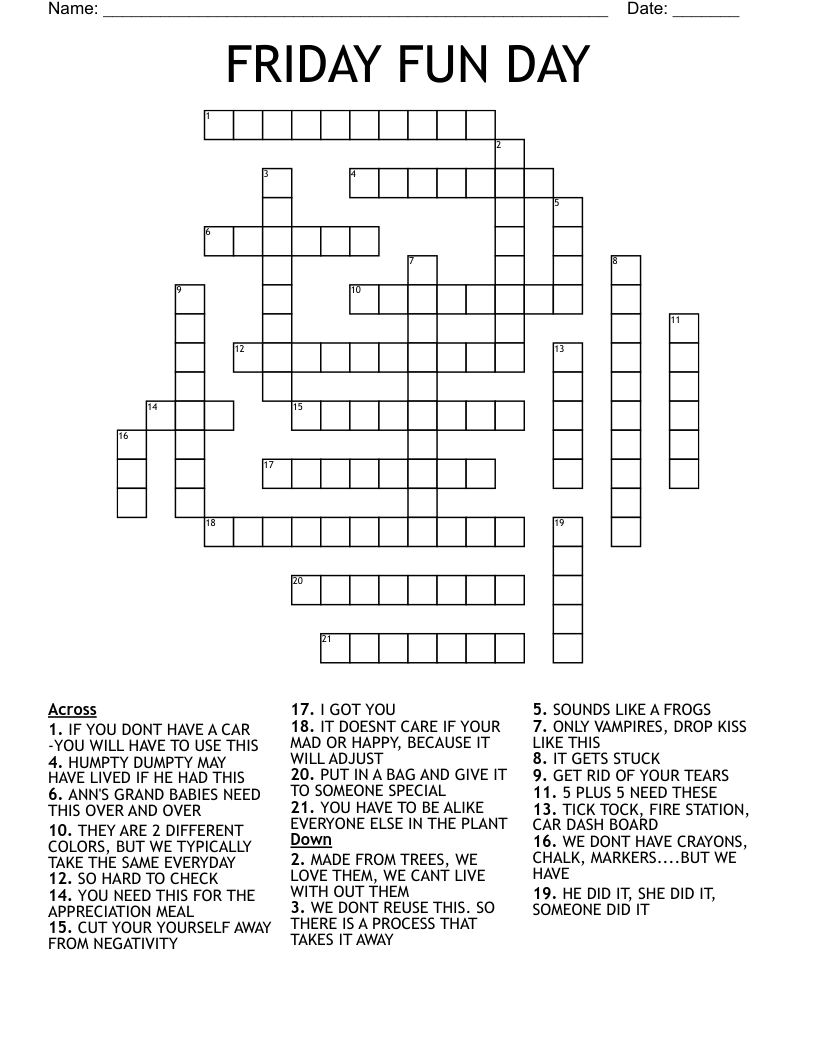 FRIDAY FUN DAY Crossword WordMint