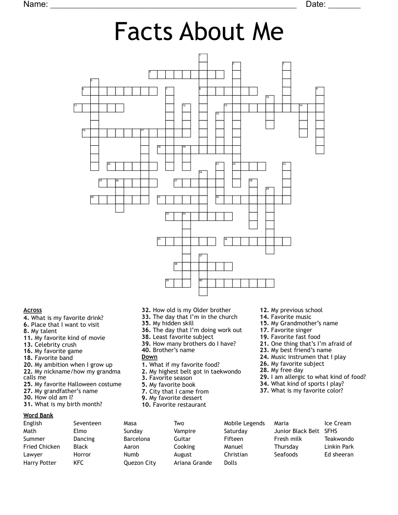 Facts About Me Crossword - WordMint