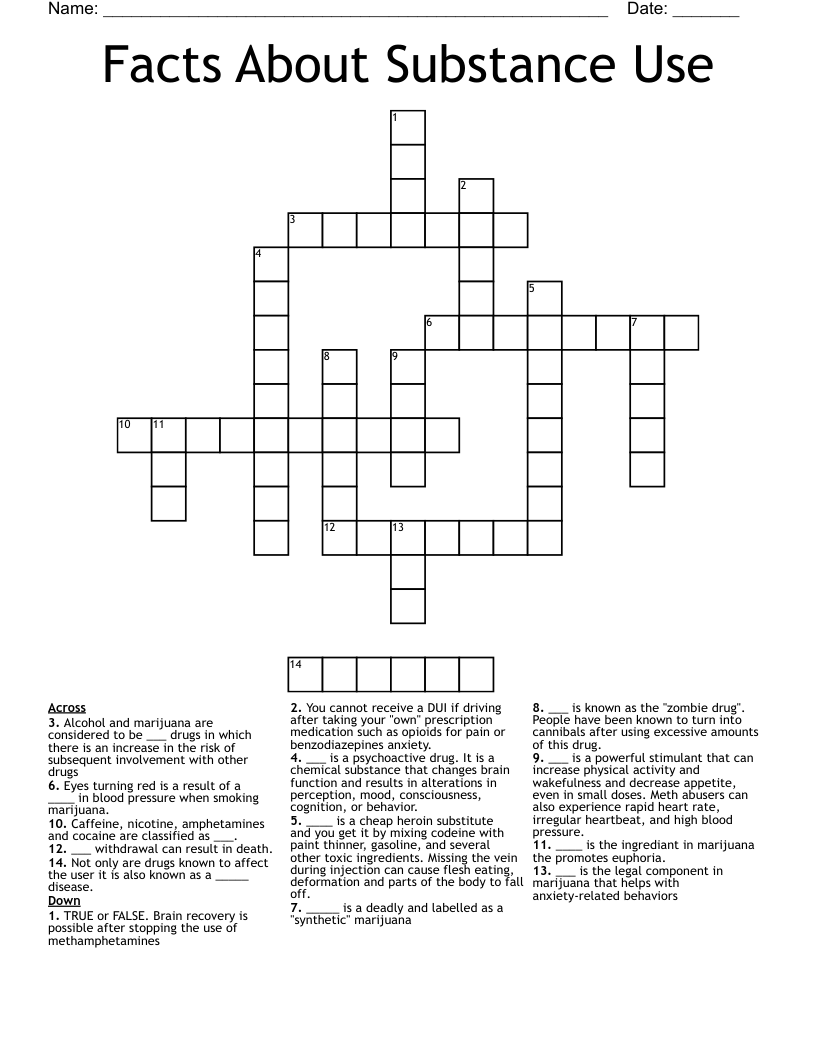 Facts About Substance Use Crossword WordMint