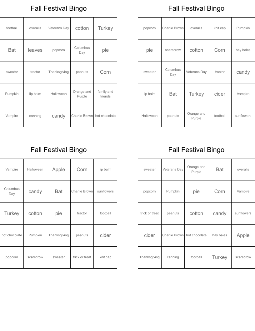 Fall Festival Bingo WordMint