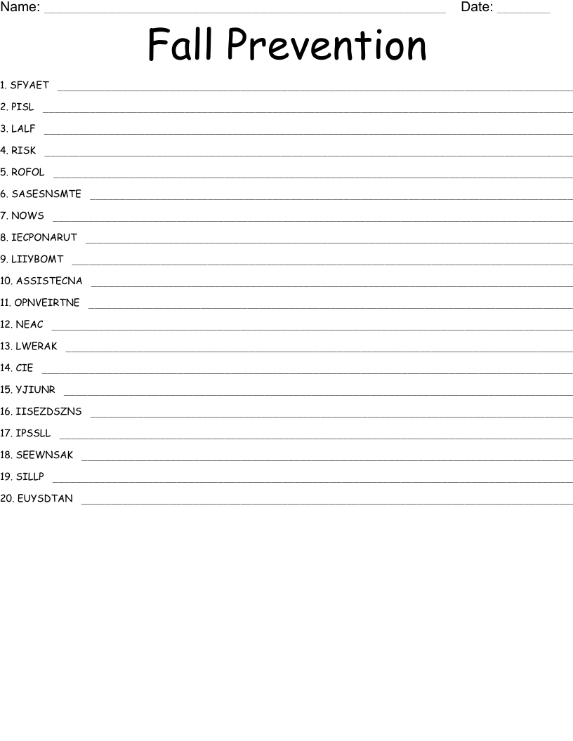 Fall Prevention Printable Quiz