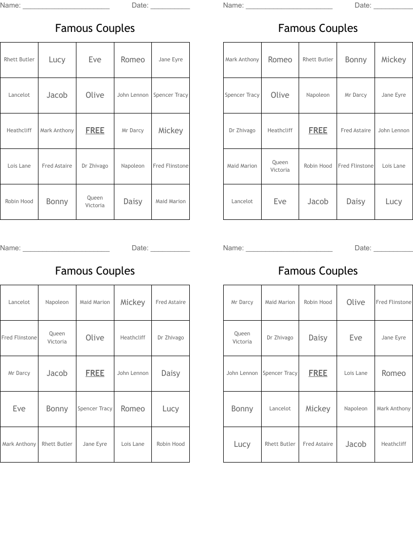 Famous Couples Bingo Cards WordMint