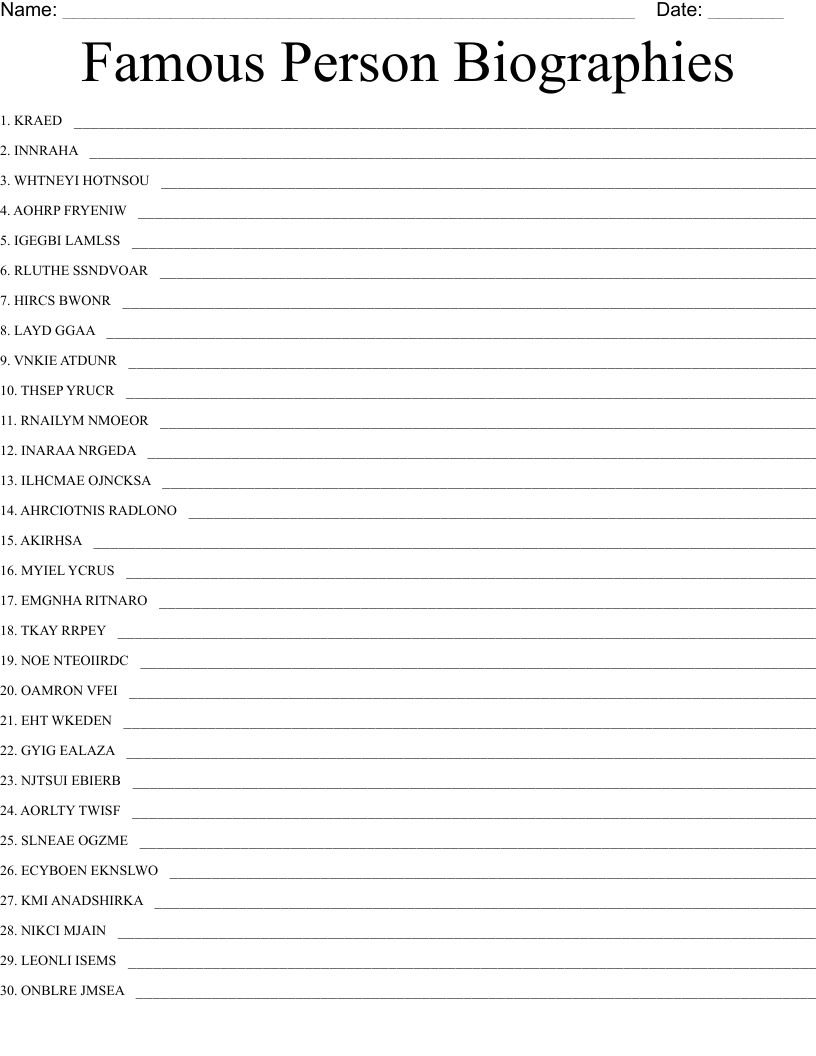 Famous Person Biographies Word Scramble WordMint