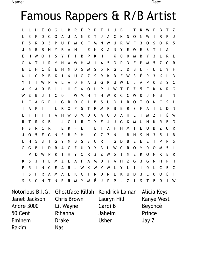 Famous Rappers & R/B Artist Word Search WordMint