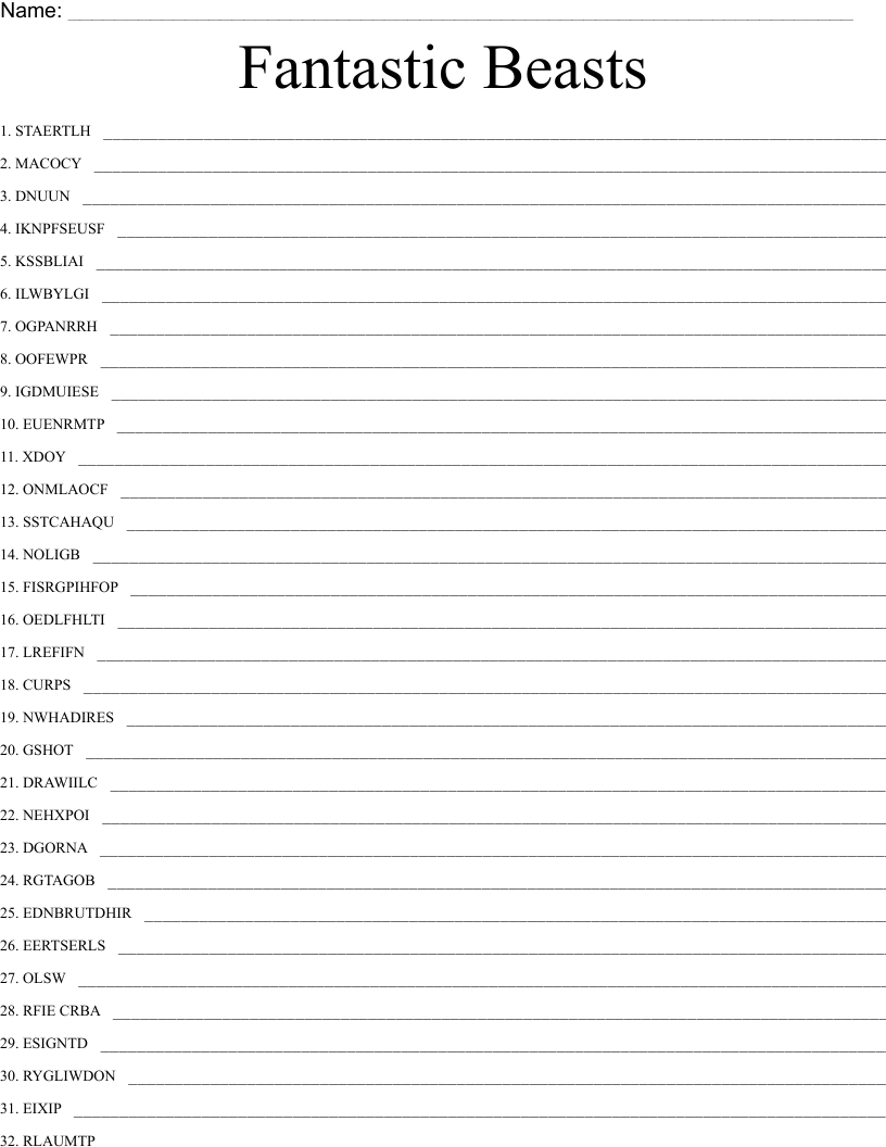 Fantastic Beasts Word Scramble WordMint