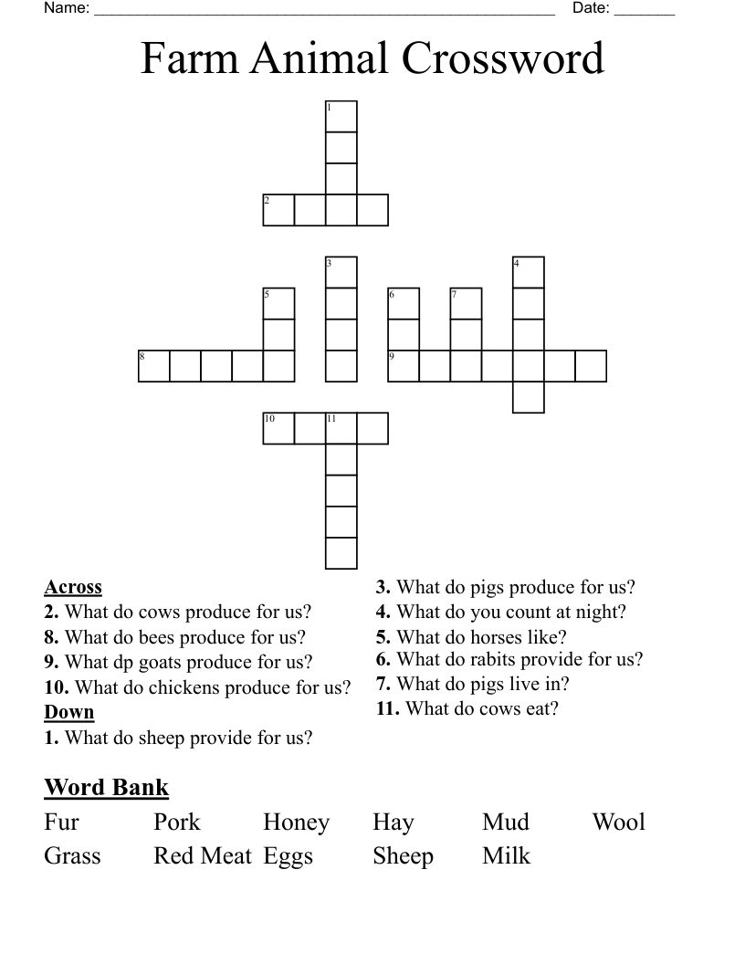 Farm Animal Crossword WordMint