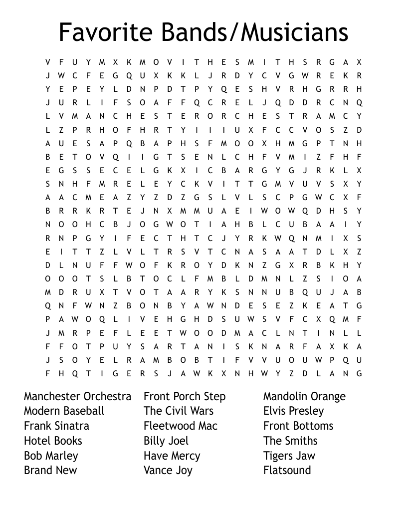 Favorite Bands/Musicians Word Search WordMint