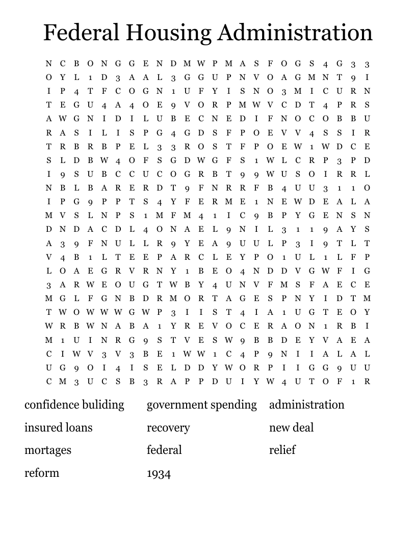 Federal Housing Administration Word Search WordMint