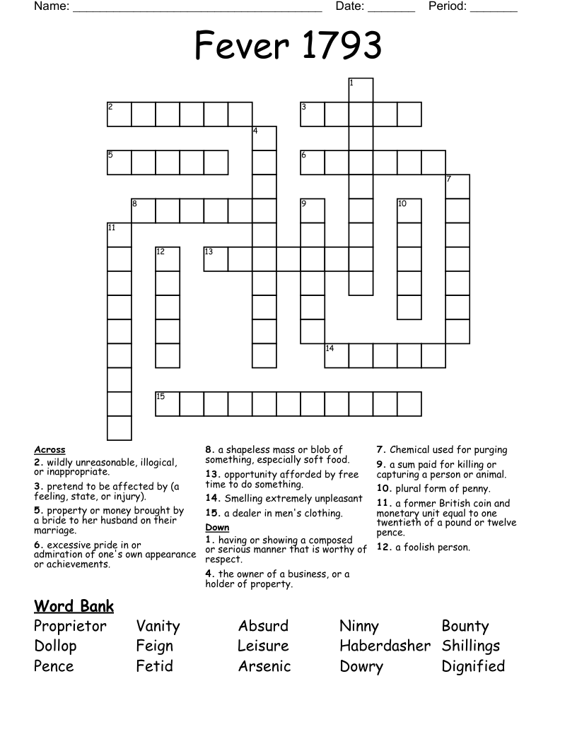 Similar to Fever 1793 Crossword Puzzle WordMint