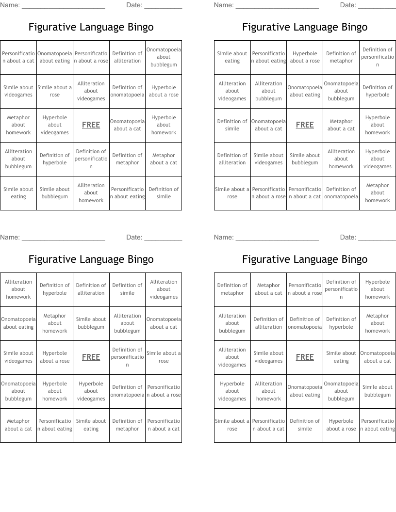 Figurative Language Bingo WordMint