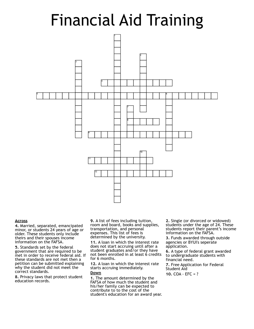 Financial Aid Training Crossword WordMint